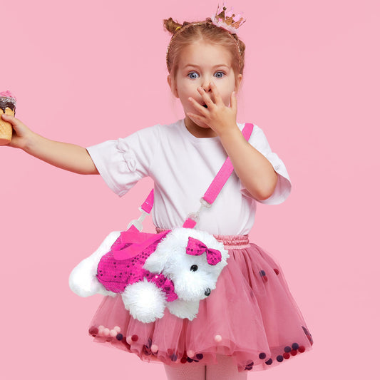Furry Puppy Dog Doll Kids Girls Crossbody Bag (Fuchsia)