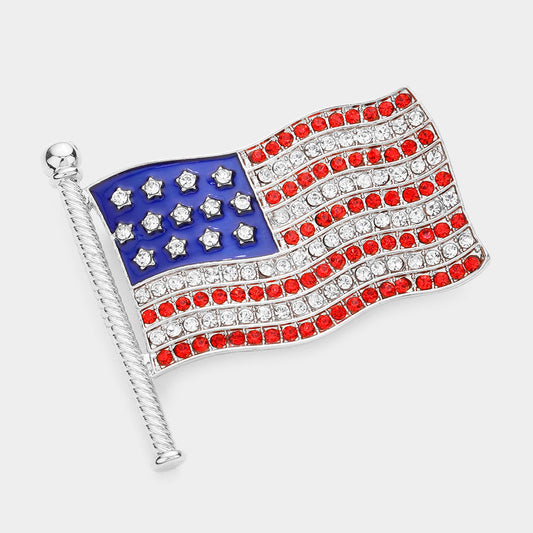 Rhinestone Embellished American USA Flag Lapel Pin & Brooch